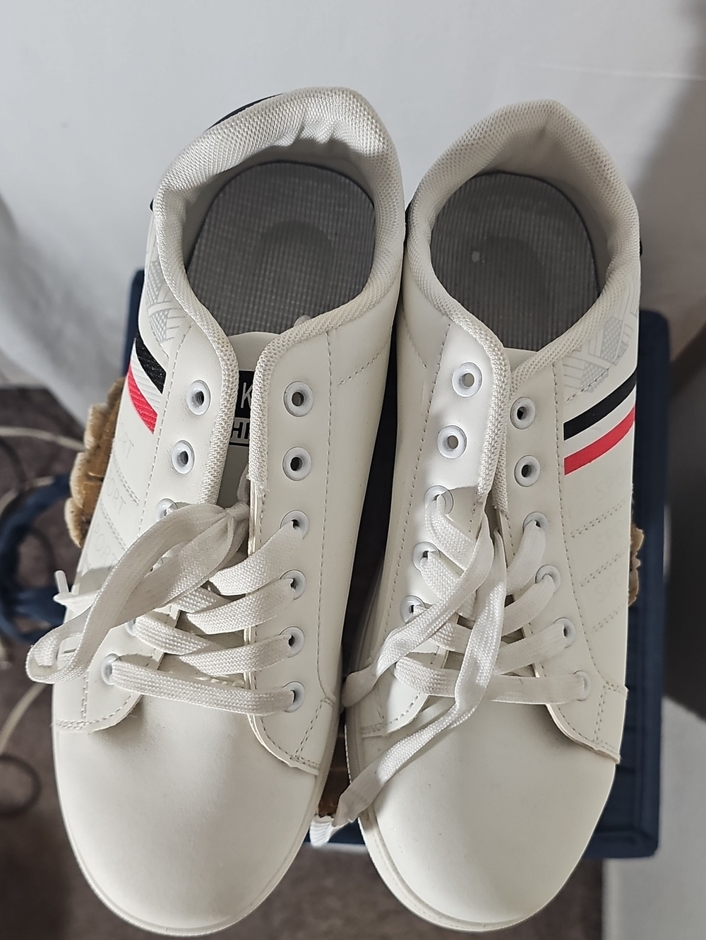 Men's White Low-Top Sneakers with Black & Red Accent Stripes